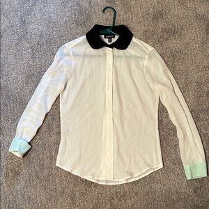 Bebe White Blouse with Black Collar and Mint Cuffs